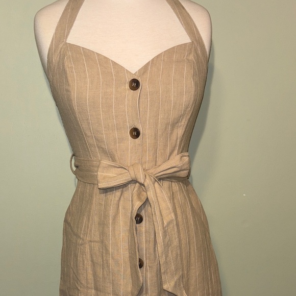 LOST & WANDER Chic tan/white striped Button-Down Halter Mini Dress size Small - Picture 10 of 13